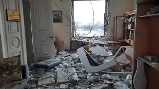 Damage caused by the attack on the Kharkiv Regional State Administration on March 1, 2022. (Image posted by Elena Fomenko via Facebook)