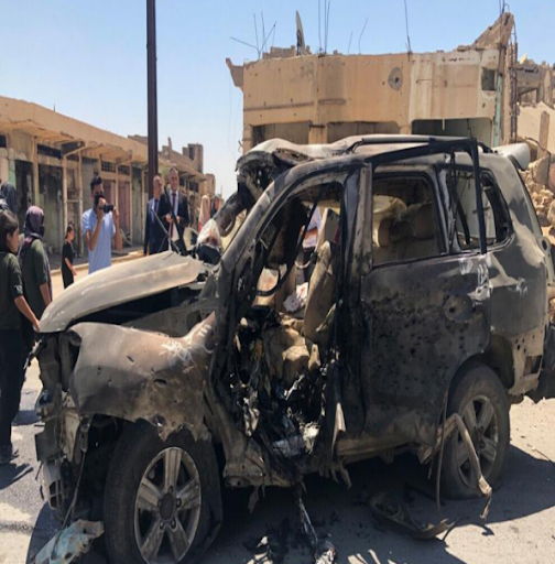 Image of a car destroyed in the initial strikes by Turkish forces that killed three Sinjar Protection Forces personnel and injured two others. (Image posted by Kurdistan Workers' Party)