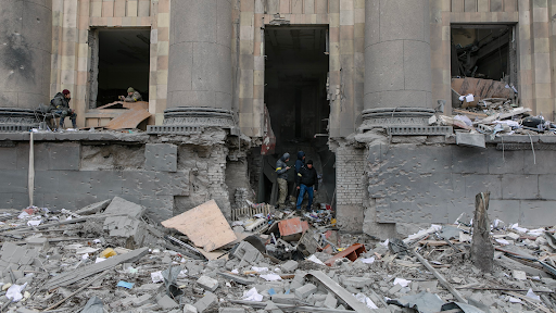 Damage caused by the attack on the Kharkiv Regional State Administration on March 1, 2022. (Image posted by Suspilne Kharkiv via Telegram)