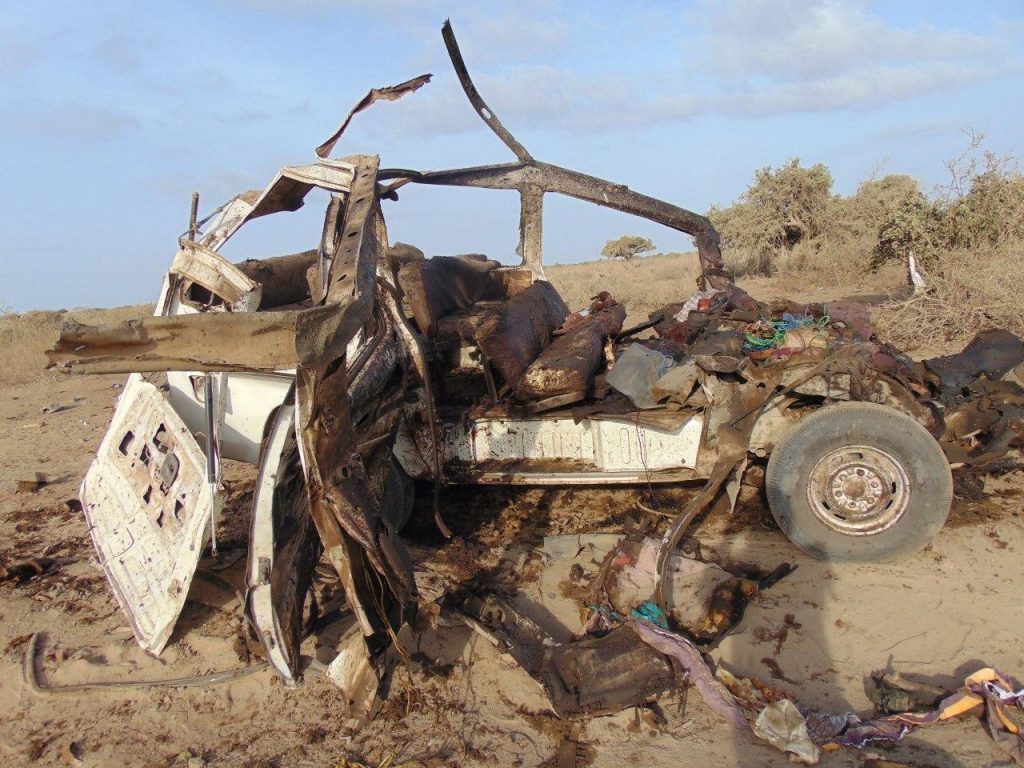 Vehicle allegedly destroyed by a US strike near Janaale on March 10th, 2020 (via Somali Memo)