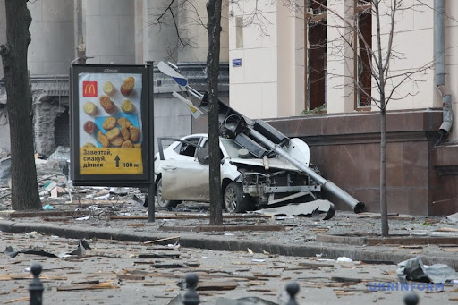Aftermath of alleged Russian shelling of Kharkiv administration building on March 1, 2022. (Image Ukrinform