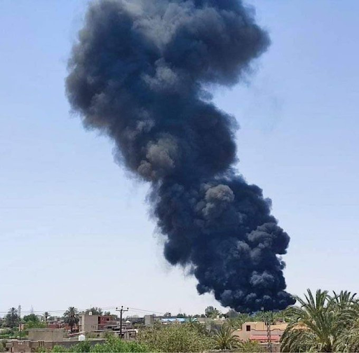 Smoke from alleged GNU airstrikes on Al Maya port on May 28, 2023. (Image posted by @Lyobserver)