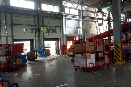 Damage to an enterprise caused by alleged Russian shelling of Korotych on April 22, 2022. (Image posted by Vesti.ua)