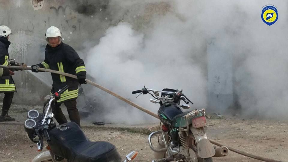 The White Helmets tackle a fire following a raid on Hayyan, Jan 31st (via White Helmets)