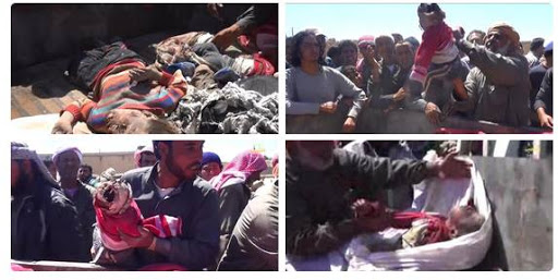 A series of stills from a video published by ISIS-affiliated media showing very graphic imagery of the dead a large proportion of them children. The video itself has been removed from youtube. [Via: SN4HR report published on May 6th 2015]