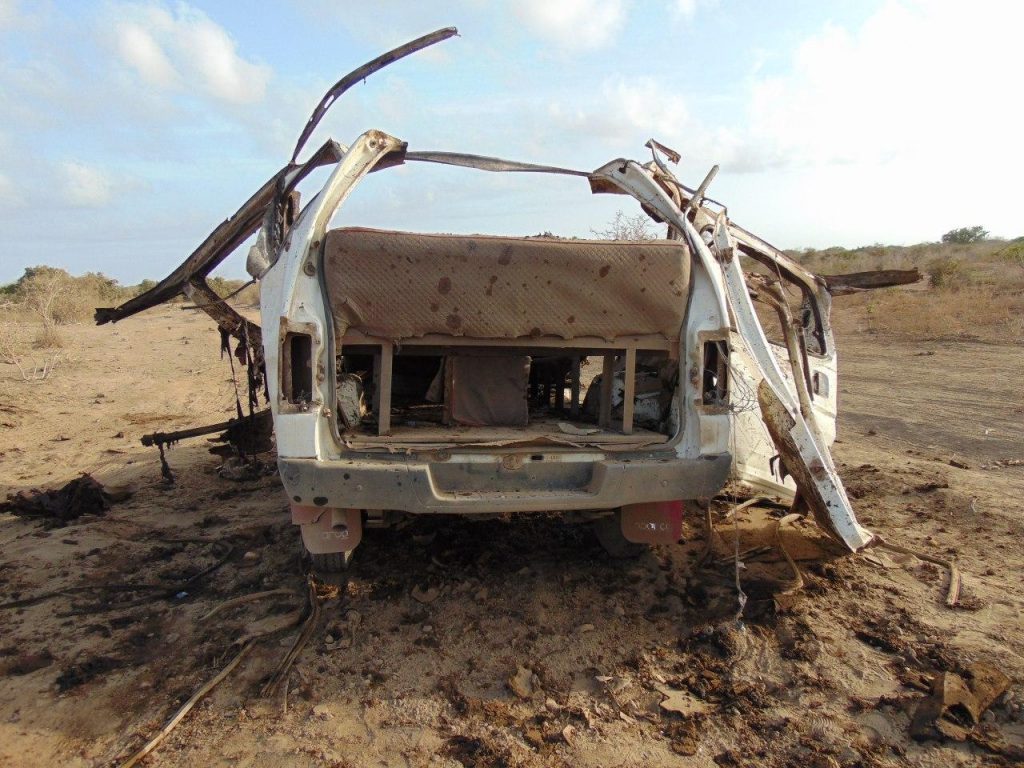 Car supposedly destroyed by US strike near Janaale on March 10th, 2020 (via Somali Memo)