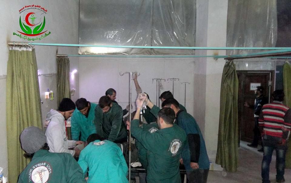 Medics tend to wounded from Russian or Assad regime strikes on Arbeen, December 11th 2015 (via Arbeen Medical Committee)