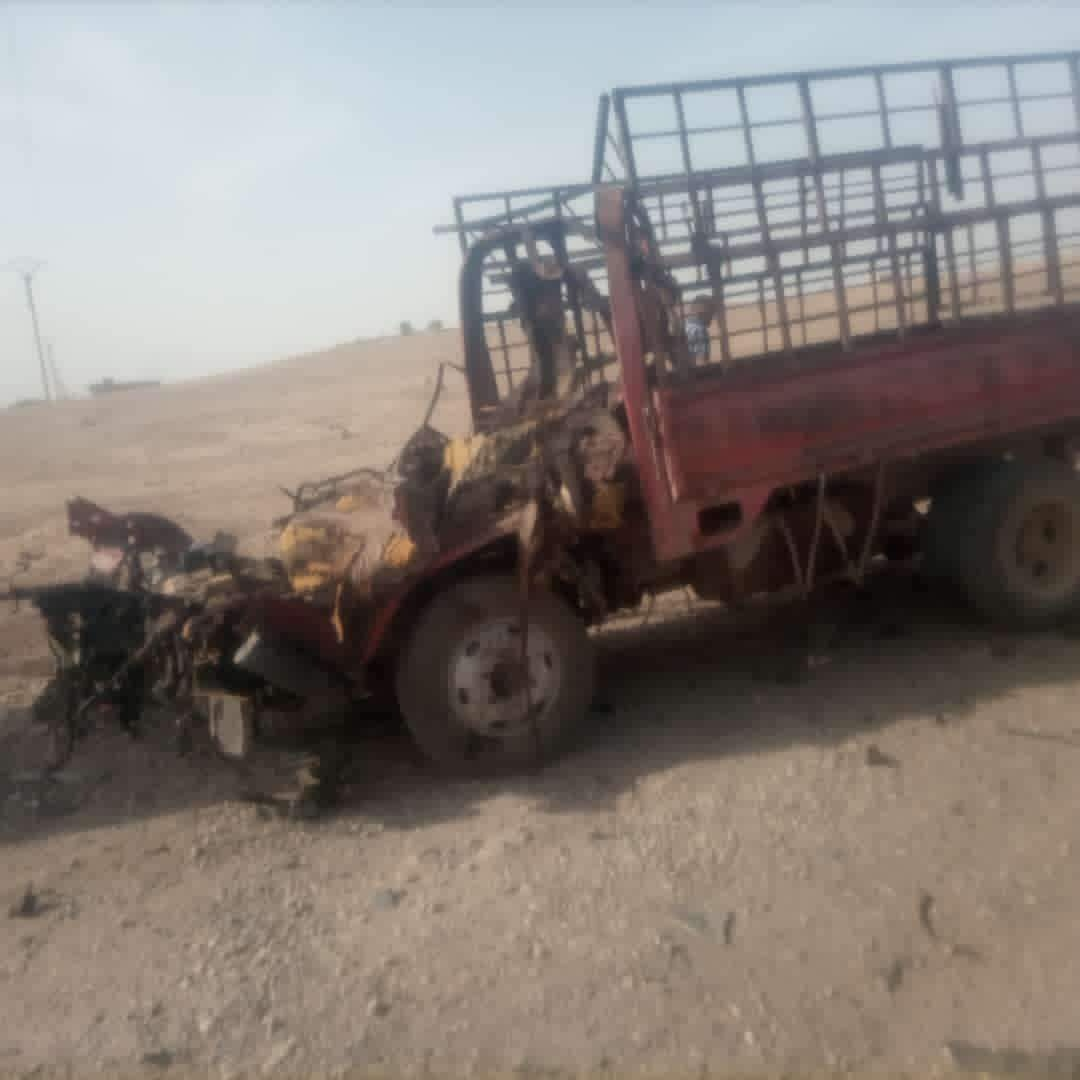 Destruction caused by "by an unidentified drone that targeted his car near the Al-Balhawi Mosque in the village of Shannan." (Image posted by Euphrates Post via Facebook)