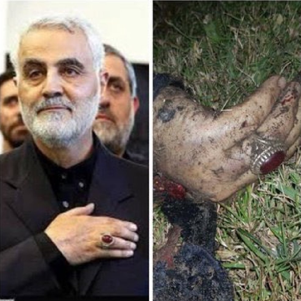 Iranian Qassam Soleimani, the commander of the Quds Force, was killed on January 3rd 2020 after his convoy was bombed by an American airstrike. On the right a photo of his body, zooming in on the ring he was wearing when he was alive, left (via @SUUFp1).
