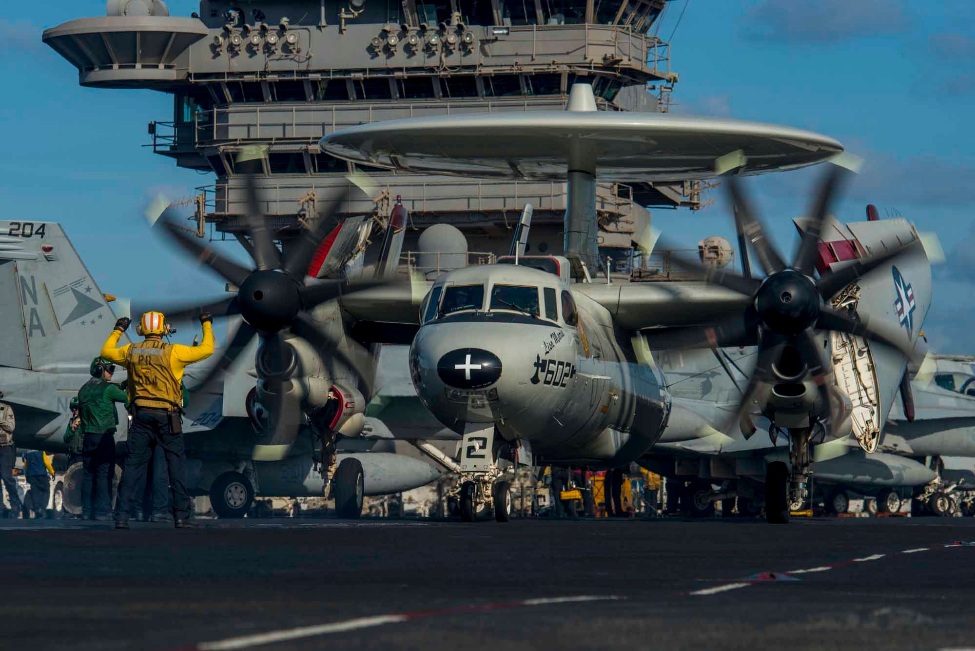 An E-2C Hawkeye ready for launch from the aircraft carrier USS Carl Vinson, supporting coalition operations in the region (US Navy/ Specialist John Philip Wagner Jr)