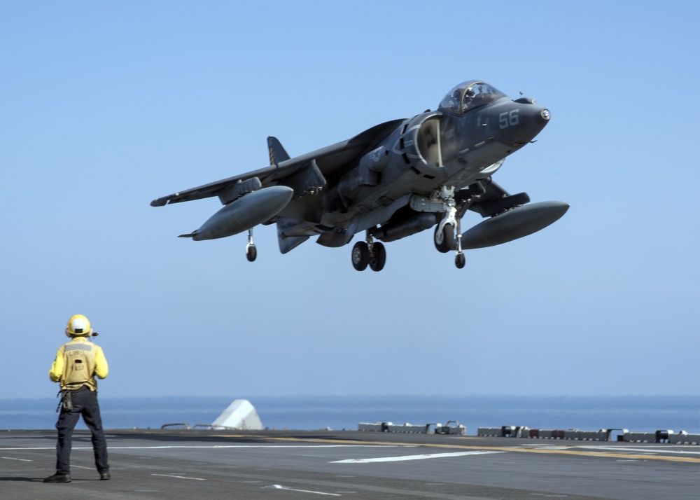 An AV-8B Harrier lands on the flight deck of USS Wasp (US Navy)