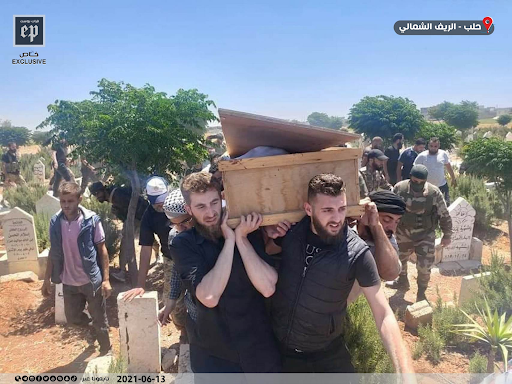 Image of mourners carrying the coffins of some of the victims killed in the bombing of Afrin on June 12, 2021. (Images posted by Euphrates Post)
