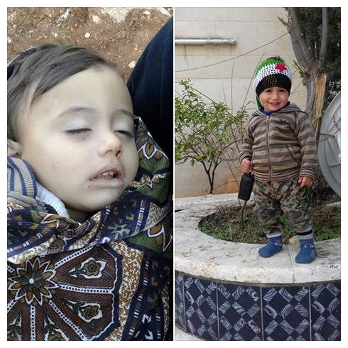 'The child Bakr Osama Al Bayrini, age 3, from Kafr Aya town in Homs governorate, died in suspected Russian warplanes missiles shelling on Kafr Naha town in Aleppo governorate, February 19.' (via SN4HR) 