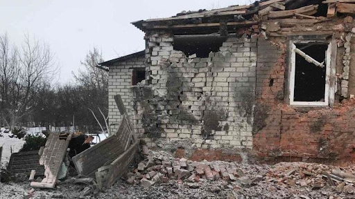 Destruction caused by alleged Russian shelling of Zolochev on March 10, 2022. (Image posted by Suspilne Media).