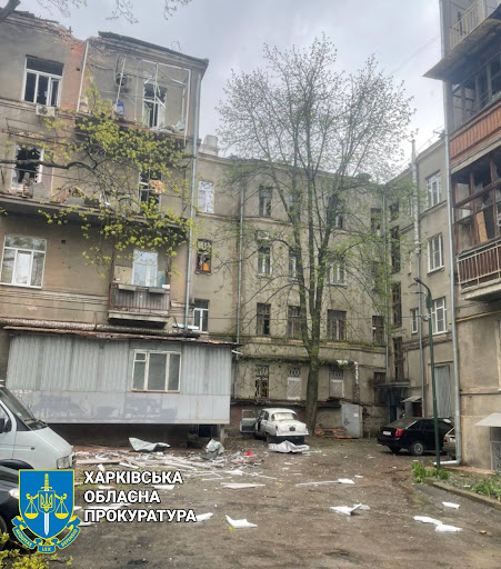 Damage caused by alleged Russian shelling of Kharkiv on April 17, 2022. (Image posted by Kharkiv Human Rights Protection Group)