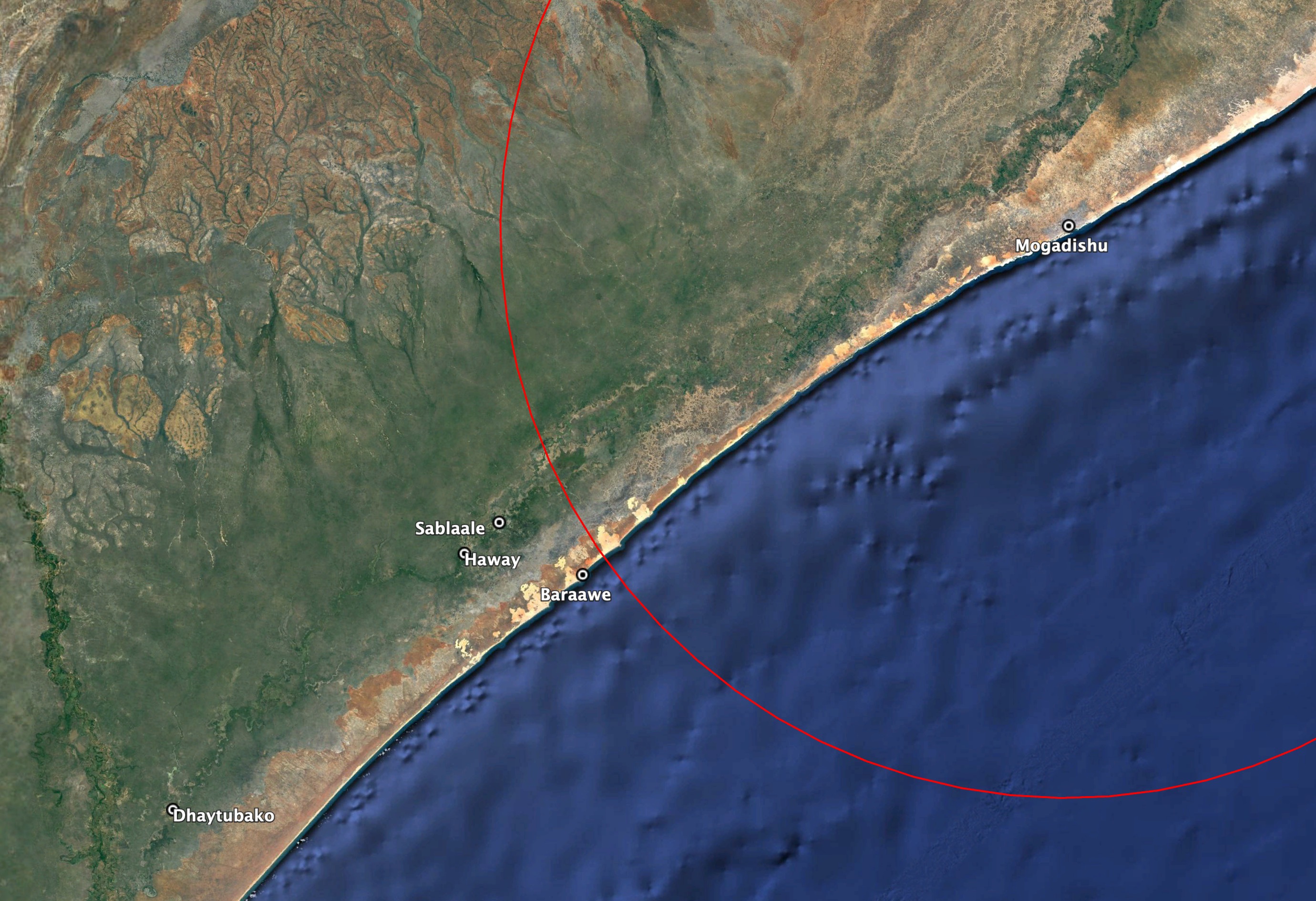 The village of Sablaale, slightly further than 105 miles south of Mogadishu (radius marked in red), close to the village Haway, from where the explosions were seen