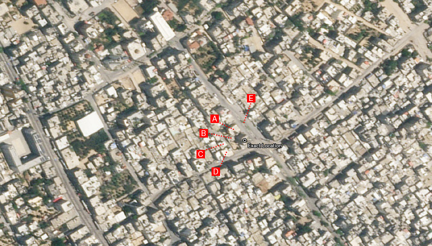 Reports of the incident mention a residential building being struck within the vicinity of Shaboura (الشابورة) camp in Rafah (رفح).