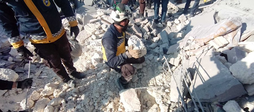 Civil Defense volunteers searched the site of Coalition (British) airstrikes on al-Bab on December 20, 2022. (Image posted by @SyriaCivilDefe)