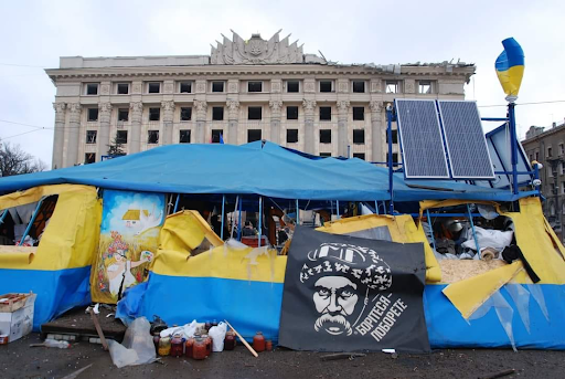 Damage caused by the attack on the Kharkiv Regional State Administration on March 1, 2022. (Image posted by Elena Fomenko via Facebook)