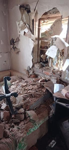 Destruction caused by alleged Russian shelling of Zolochev on March 10, 2022. (Image posted by GX).