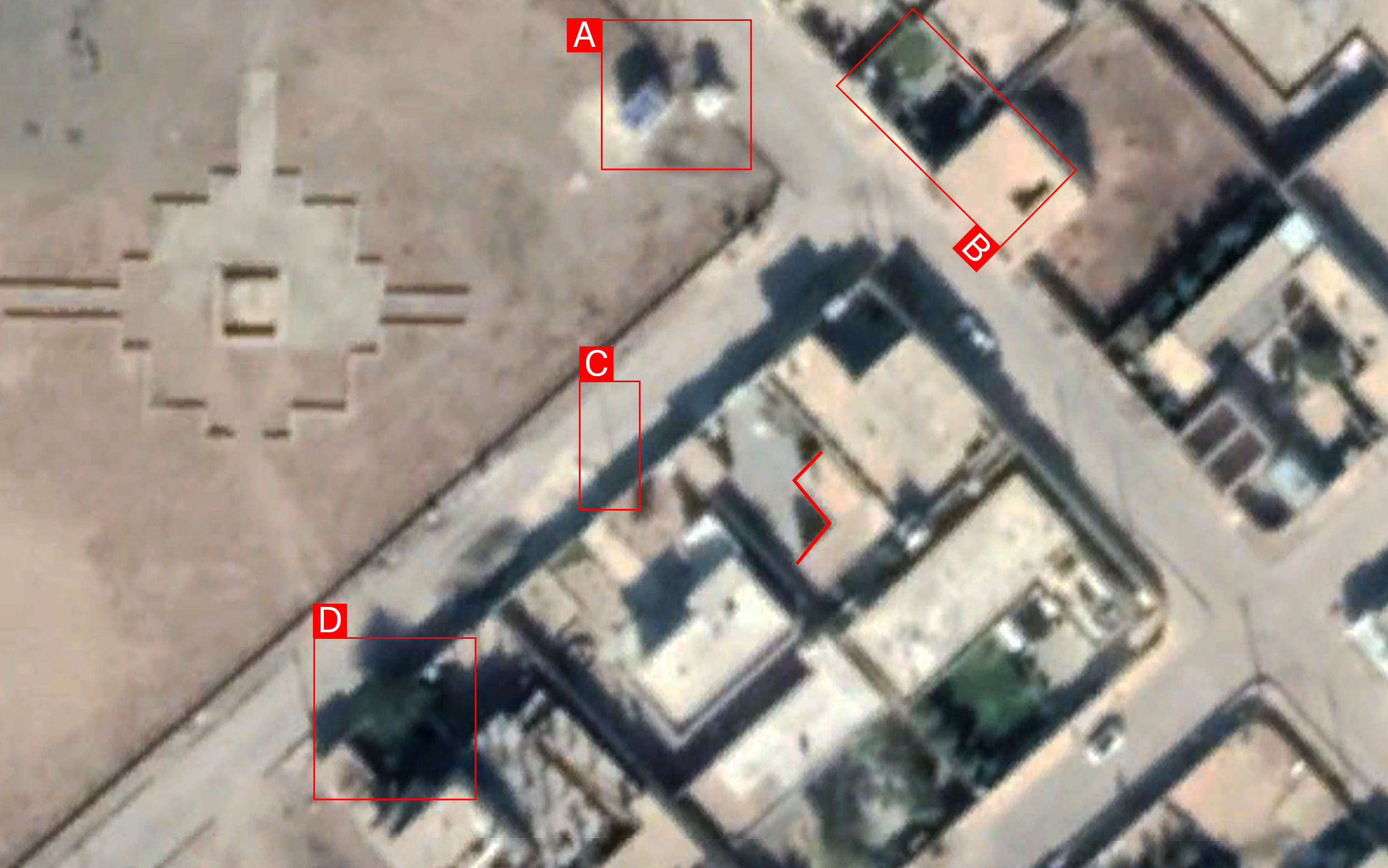 Satellite imagery showing the distribution of buildings tagged in the audio-visual material and the outline of the building seen in the panoramic stitch.