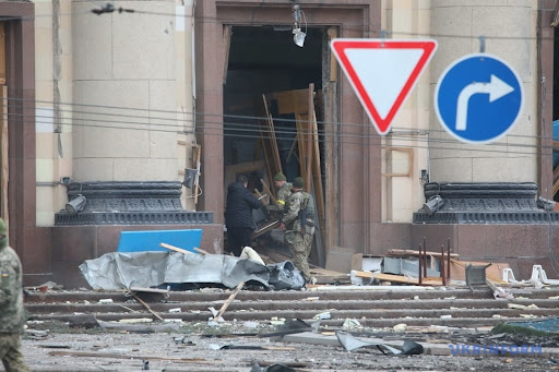 Aftermath of alleged Russian shelling of Kharkiv administration building on March 1, 2022. (Image Ukrinform