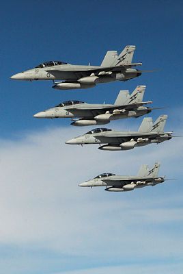Four Royal Australian Air Force F/A-18F Super Hornet aircraft in formation in the Middle East Region. (Aus MoD)