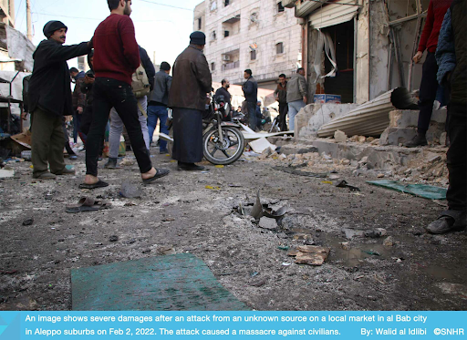 Syrian Network for Human Rights uploaded a photo of the destruction after missiles hit Al-Bab on February 2nd 2022 (Image via SNHR / Facebook)