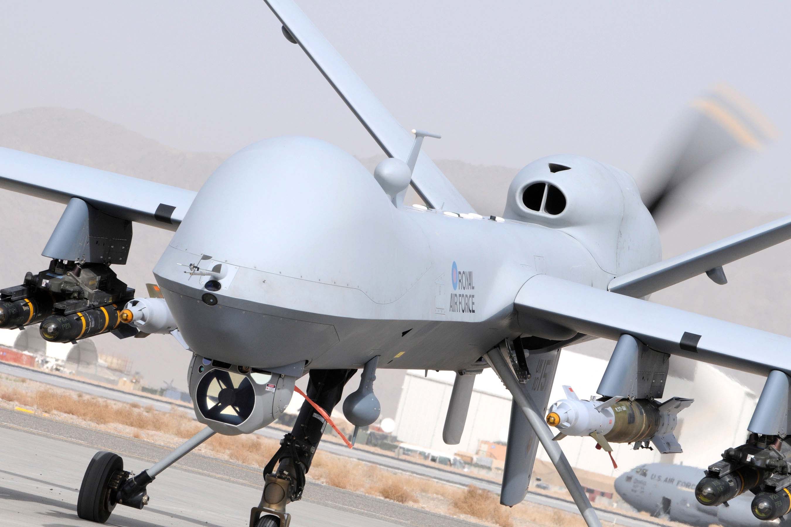 Archive image of a British Reaper in Afghanistan, armed with GBU-12 bombs and Hellfire missiles (MoD)