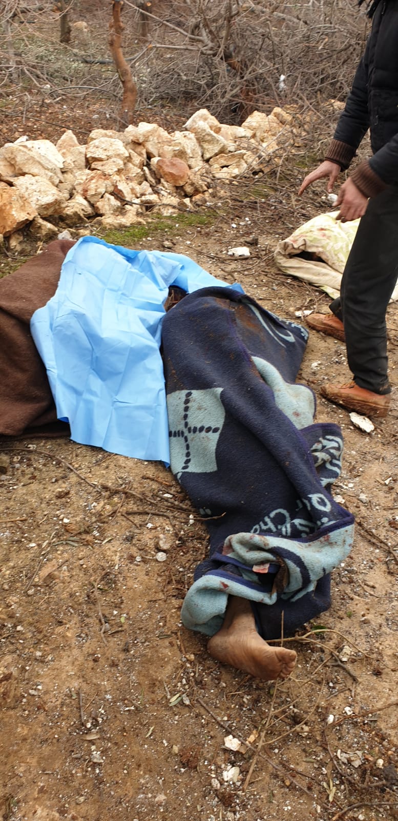 The bodies of civilians killed following alleged Russian or Syrian regime airstrikes on the town of Sarja, Idlib governorate on Janaury 27th, 2020. (Uploaded by @ahmedalasi)