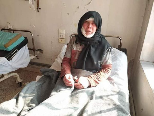 A wounded woman in hospital after alleged Israeli airstrikes on Hama on January 22nd, 2021. (via Kafar Takharim)