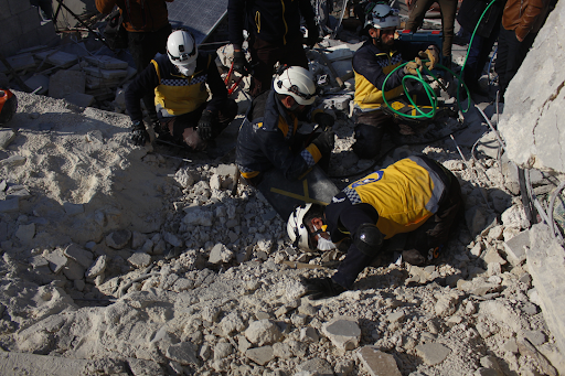 Civil Defense volunteers searched the site of Coalition (British) airstrikes on al-Bab on December 20, 2022. (Image posted by @SyriaCivilDefe)