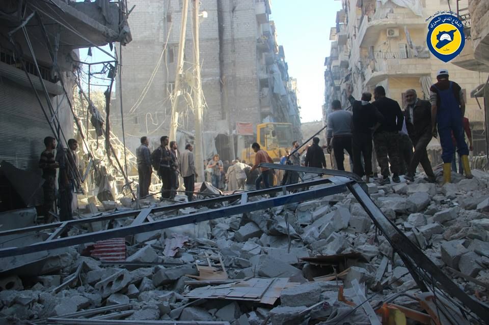 Devastation wrought by alleged Russian strikes on a neighbourhood in Aleppo, November 3rd (via Civil Defence Administration in Free Aleppo)