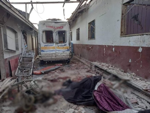 An ambulance destroyed by the bombardment of Al-Shifaa hospital on June 12, 2021. (Image posted by @SyrianCoalition)