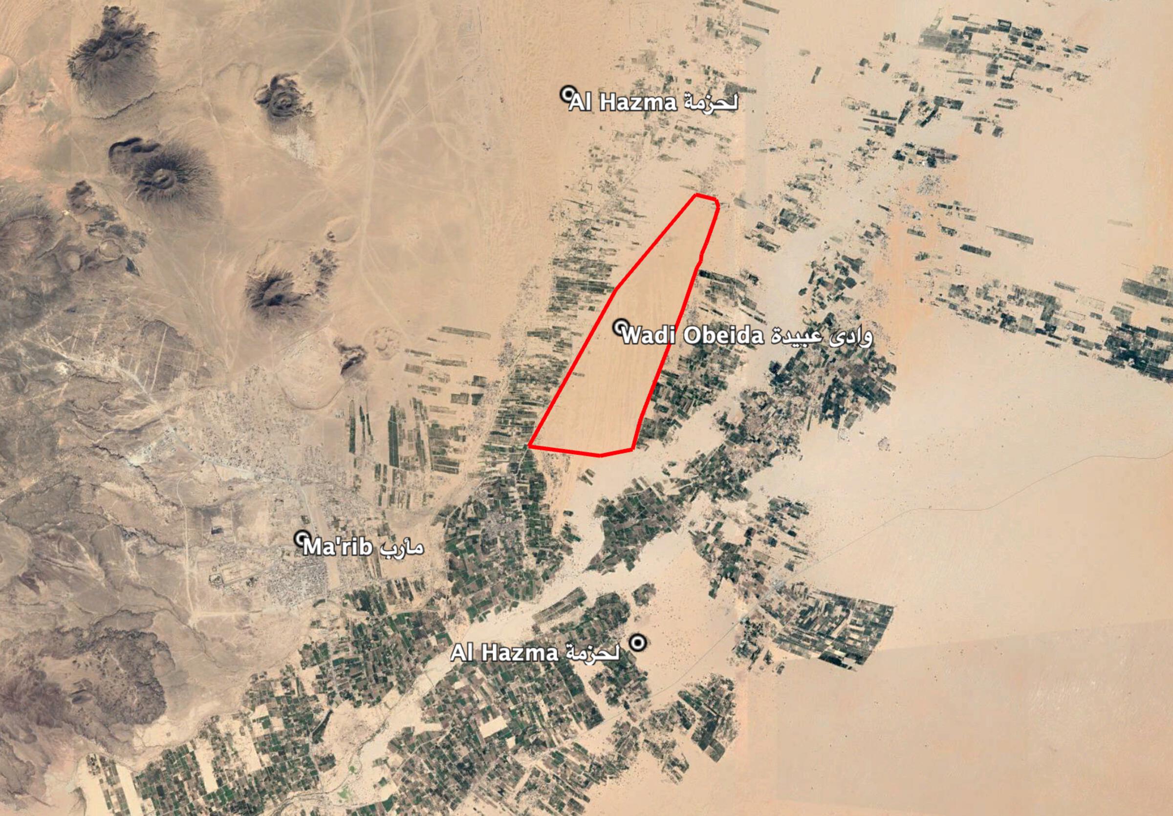Reports of the incident mention the village of Al Hazma (لحزمة), allegedly immediately north-east of the city of Ma’rib (مأرب), within the Wadi Obeida (وادي عبيدة) area. It is important to note the existence of another Al Hazma, south-east of Ma’rib city.
