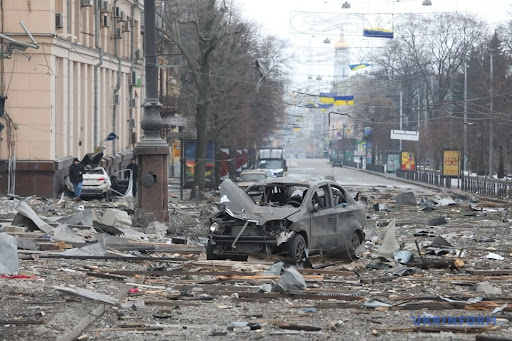 Aftermath of alleged Russian shelling of Kharkiv administration building on March 1, 2022. (Image Ukrinform