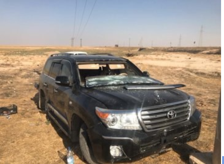 The abandoned car in which Herwin Khalaf and two other civilians were reportedly killed by Turkey-bcaked mercenaries, oct 12th (via NRT)
