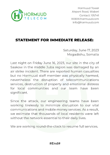 Statement from Hormuud Telecom after airstrikes on June 16, 2023 caused damage to their facility. (Image posted by @HarunMaruf)