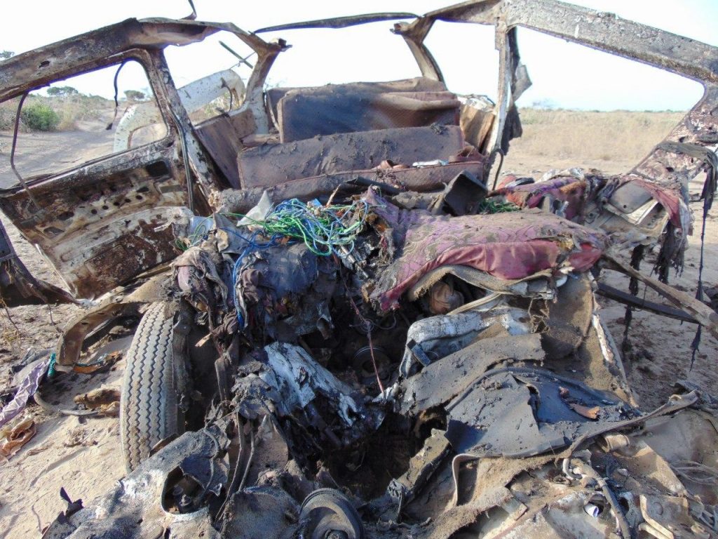 Vehicle allegedly destroyed by a US strike near Janaale on March 10th, 2020 (via Somali Memo)