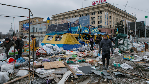 Damage caused by the attack on the Kharkiv Regional State Administration on March 1, 2022. (Image posted by Suspilne Kharkiv via Telegram)