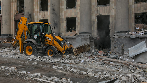 Damage caused by the attack on the Kharkiv Regional State Administration on March 1, 2022. (Image posted by Suspilne Kharkiv via Telegram)