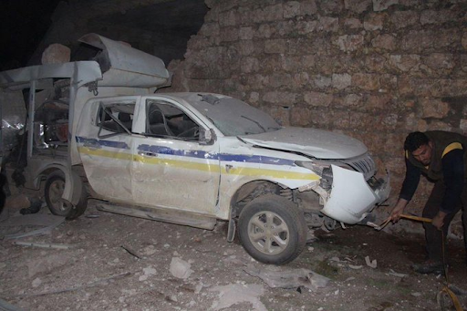 Damage to a vehicle used by SCD as a result of the Russian warplanes targeting their center in Tal Menas, Idlib, Syria on January 25th, 2020 (via @RaedAlSaleh3)