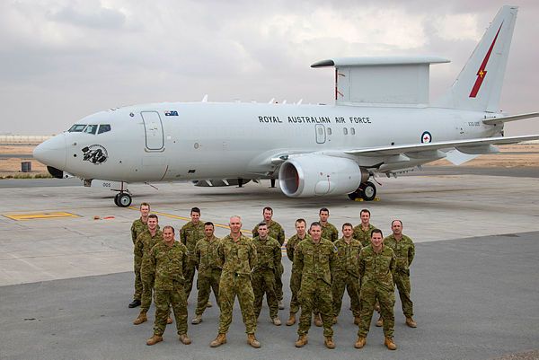 The current rotation (Rotation Five) of E-7A maintenance personnel in front of a RAAF E-7A Wedgetail airborne command and control aircraft ground crew, at Australia's main logistics base for ADF operations in the Middle East region. (Aus MoD)