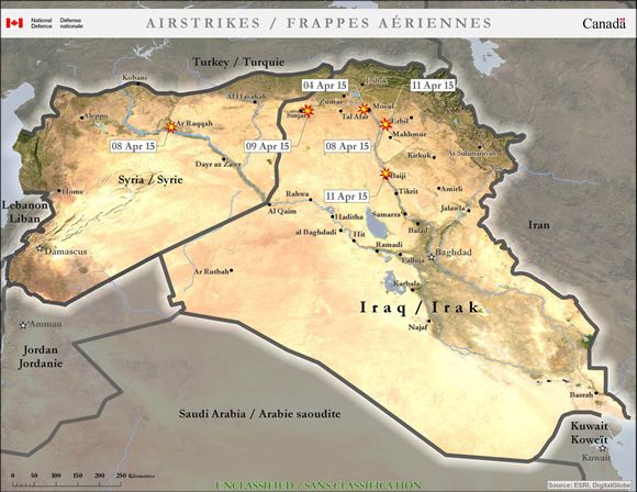 Canadian briefing map showing site of airstrikes between April 2nd-16th 2015 (MoD)