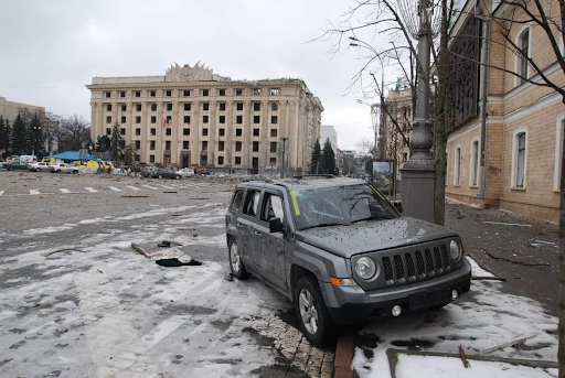 Damage caused by the attack on the Kharkiv Regional State Administration on March 1, 2022. (Image posted by Elena Fomenko via Facebook)