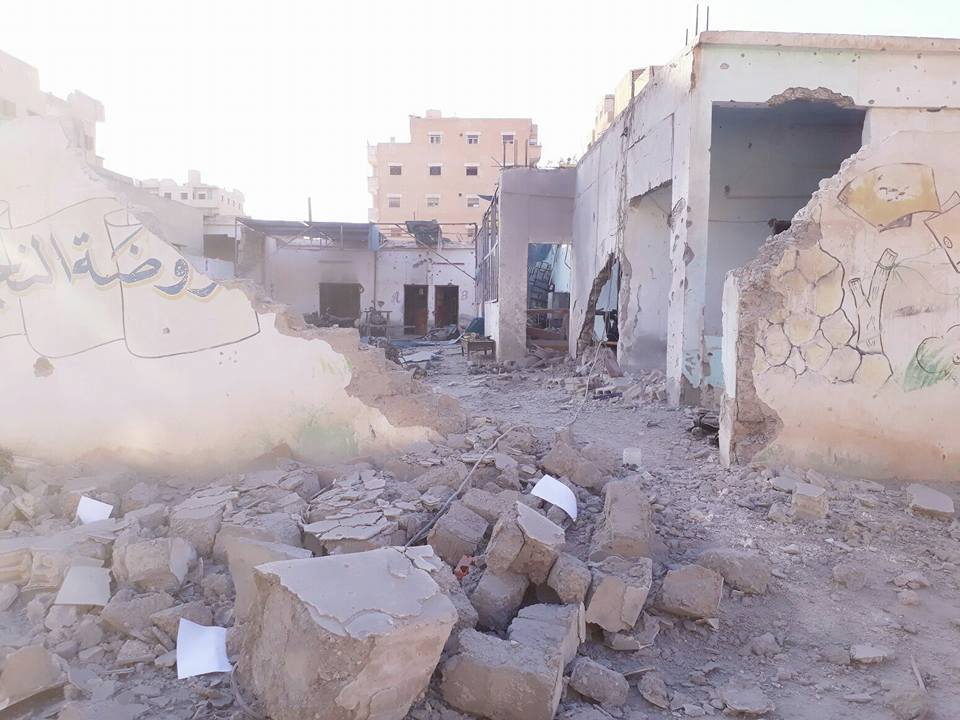 The aftermath of alleged Coalition shelling of the Qantar family home near the the Imam al-Nawawi Mosque, Raqqa, August 12th (via RBSS)