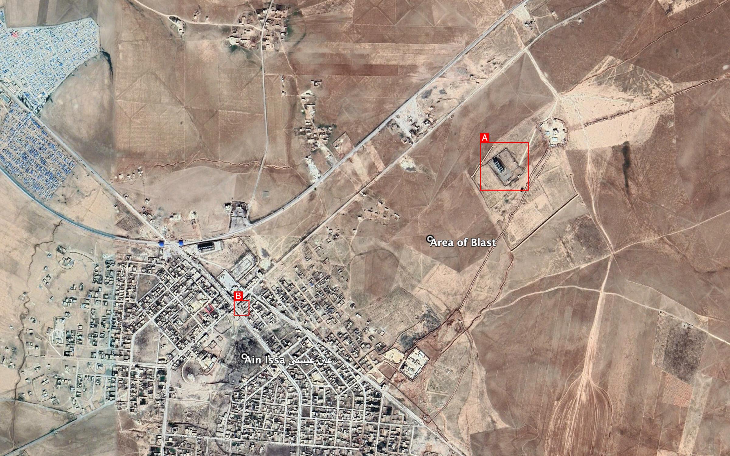Reports of the incident mention the fields surrounding the city of Ain Issa (عين عيسى) being struck. Researching audiovisual material, we have narrowed down the exact location of the blast.