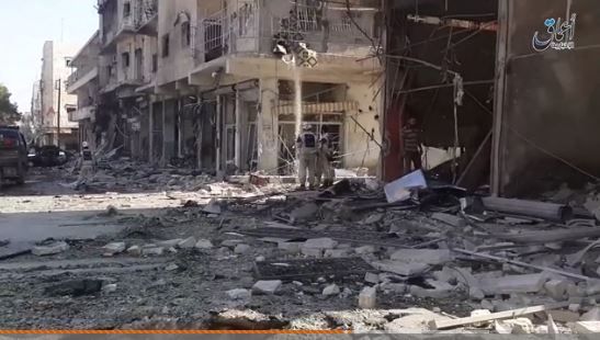 Major damage to civilian streets in Al Bab from alleged Russian airstrike, Oct 5th 2015 (Daesh propaganda)