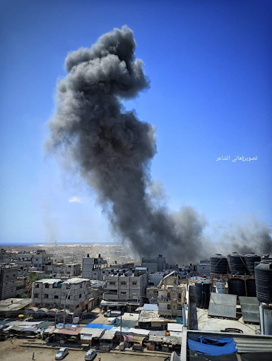 Smoke rises over a residential neighbourhood reported to be Shaboura, Gaza, allegedly hit by an Israeli airstrike May 20 2021. Image posted on Twitter by @Fad6k.