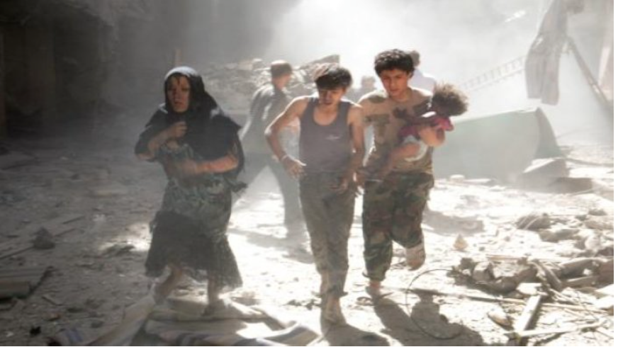 Civilians flee the site of destruction following alleged Russian shelling (via Qasioun)